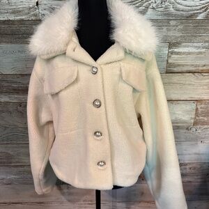Chelsea & Violet Cream Teddy Jacket with Removable Faux Fur Collar-NWT